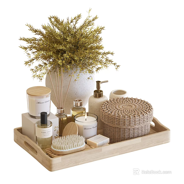 Bathroom Accessories On Wooden Tray With Greenery 3d model 