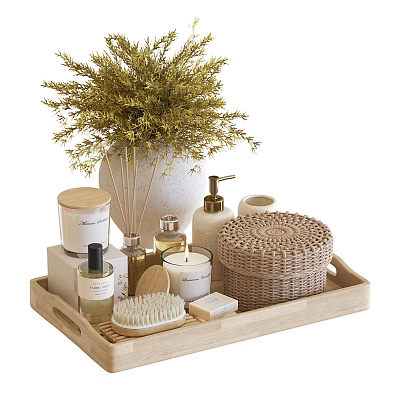 Bathroom Accessories On Wooden Tray With Greenery 3d model