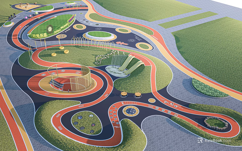Park Landscape With Winding Colorful Paths Green Lawns And Circular Leisure Areas 3d model 
