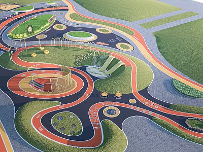 Park Landscape With Winding Colorful Paths Green Lawns And Circular Leisure Areas 3d model