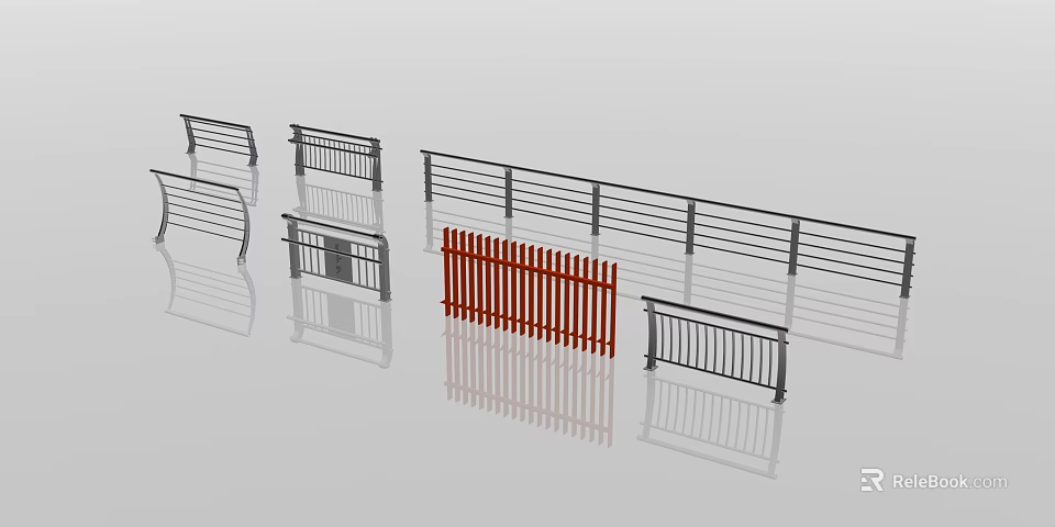Various Modern Fences and Railings with Metal Bars Red Picket and Different Designs 3d model 
