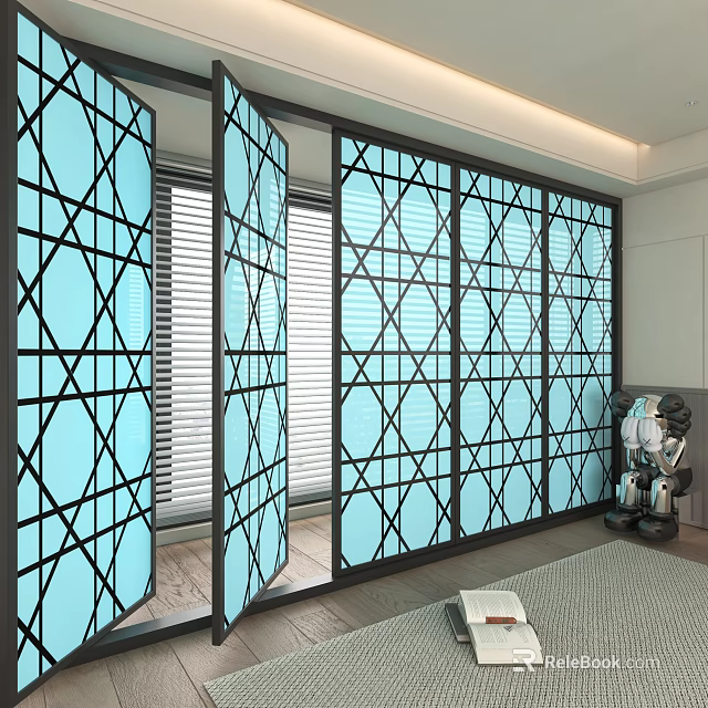 Blue Glass Partition With Geometric Lattice Design For Modern Interior Space 3d model 
