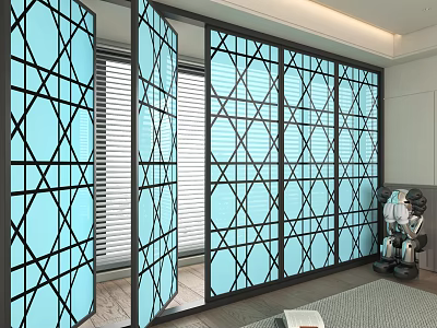 Blue Glass Partition With Geometric Lattice Design For Modern Interior Space 3d model