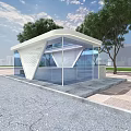 Modern Glass Bus Shelter With White Curved Roof And Trees Around