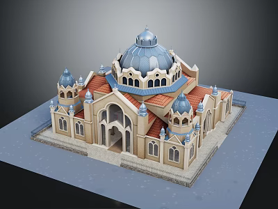 Cartoon Scene Castle Building With Blue Dome Red Roof Towers And Arched Windows 3d model