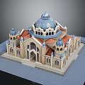Cartoon Scene Castle Building With Blue Dome Red Roof Towers And Arched Windows