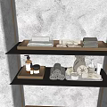 Washing Daily Necessities On Bathroom Shelves With Folded Rolled Towels And Soap Items