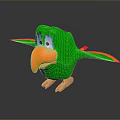 Cartoon Character Green Parrot With Orange Beak And Colorful Wings Standing On Dark Surface