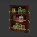 Rustic Wooden Shelf with Multiple Layers Holding Glass Bottles and Rope Details