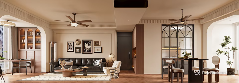 Modern Living and Dining Room Interior With Black Leather Sofa Armchair Ceiling Fan and Decorative Art 3d model 