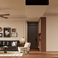 Modern Living and Dining Room Interior With Black Leather Sofa Armchair Ceiling Fan and Decorative Art