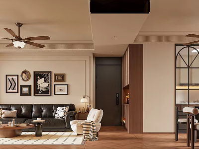 Modern Living and Dining Room Interior With Black Leather Sofa Armchair Ceiling Fan and Decorative Art 3d model