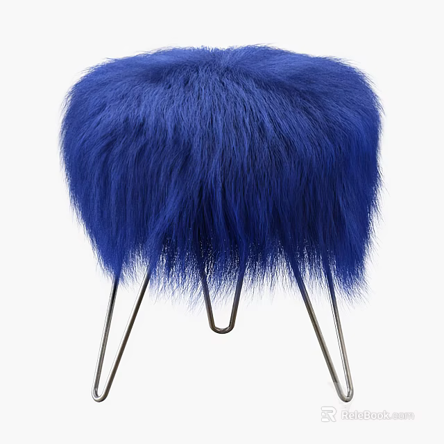 Blue Fluffy Furry Ottoman With Slim Modern Metal Legs Design 3d model 