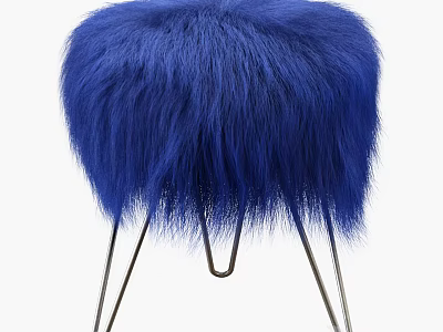 Blue Fluffy Furry Ottoman With Slim Modern Metal Legs Design 3d model