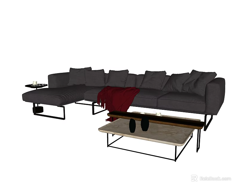 Gray Sectional Sofa With Red Throw Blanket Side Table And Coffee Table 3d model
