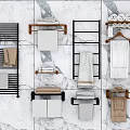 Modern Bathroom Cabinet Rack With Black Metal Towel Holders And Marble Wall Storage