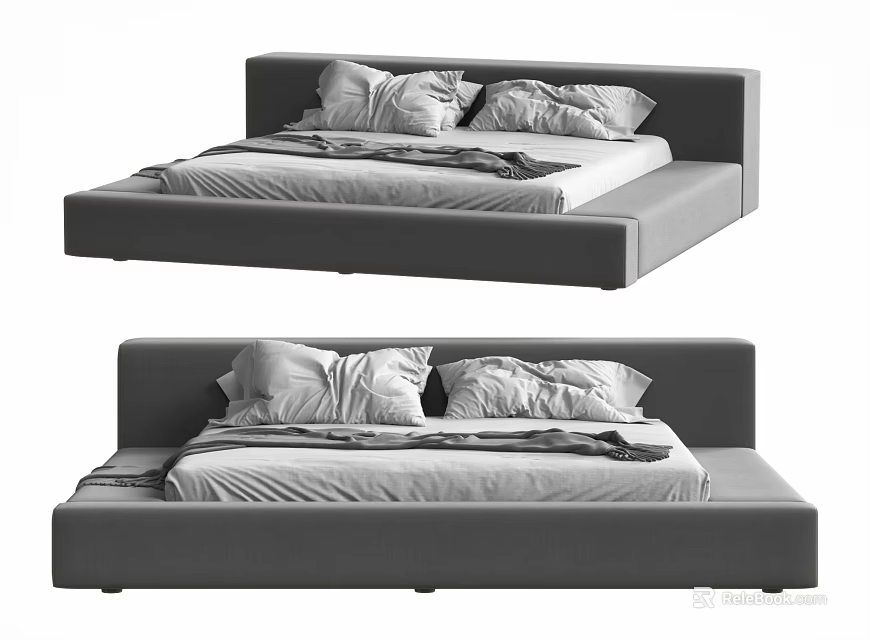 Modern Double Bed Design With Grey Frame Mattress Pillows And Bedspread 3d model