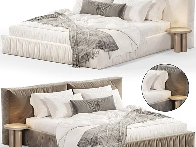 Modern Pleated Linen Upholstered Double Bed With Cozy Bedding And Minimalist Wooden Round Side Table 3d model