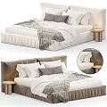 Modern Pleated Linen Upholstered Double Bed With Cozy Bedding And Minimalist Wooden Round Side Table