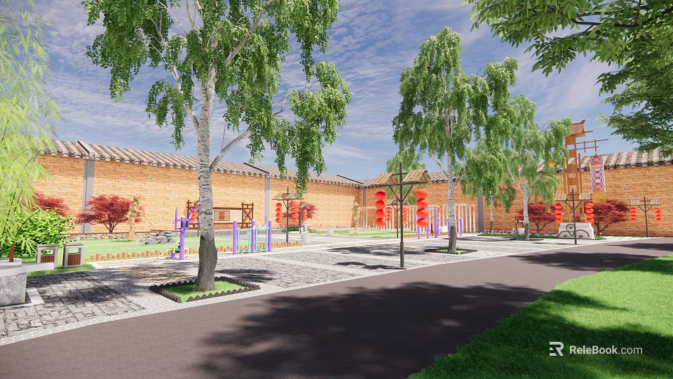 Scenic Community Courtyard With Red Brick Buildings Willow Trees Red Lanterns And Fitness Equipment 3d model 