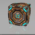 Mechanical Geometric Cube Device With Orange Blue Panels Metallic Bolts And Reflective Surface