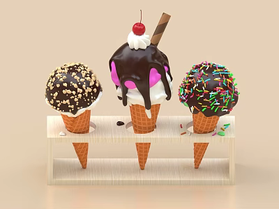 Different Ice Cream Cones With Chocolate Sauce Cherry Nut And Colorful Sprinkles On Wooden Stand 3d model