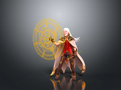White Haired Woman In Red And Gold Outfit Casting Glowing Magic Circle 3d model