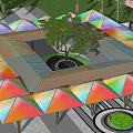 Colorful Pergola With Vibrant Roof And Blue Beams Surrounded By Palm Trees Pool And Greenery