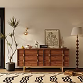 Wooden Decorative Cabinet Interior With Decorative Items Artwork Floor Lamp Potted Plant And Area Rug