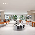 Modern Reception Area Interior With Wooden Desk Tiled Curved Wall Shelves And Potted Plant