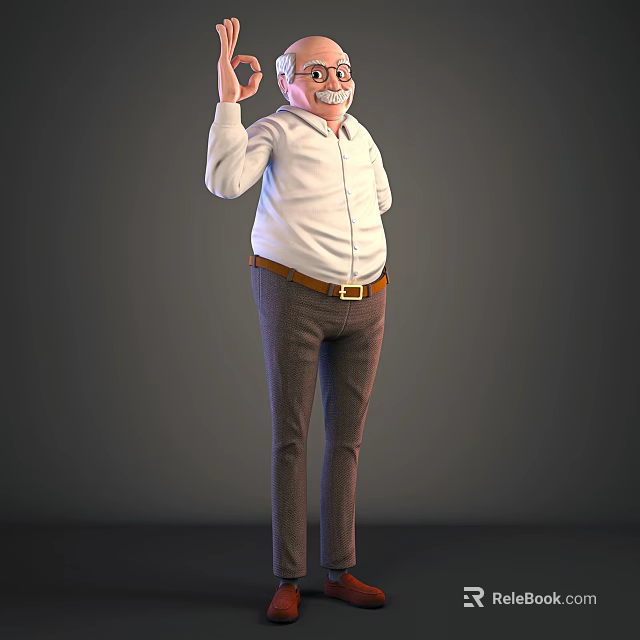 Elderly Man Character With White Shirt Brown Pants And Raised Hand Gesture 3d model 