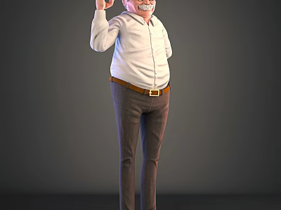 Elderly Man Character With White Shirt Brown Pants And Raised Hand Gesture 3d model
