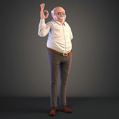 Elderly Man Character With White Shirt Brown Pants And Raised Hand Gesture 3d model