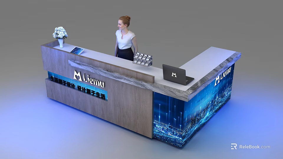Modern Reception Desk with Liscon Logo Laptop Flower Vase And City Night View Design 3d model 