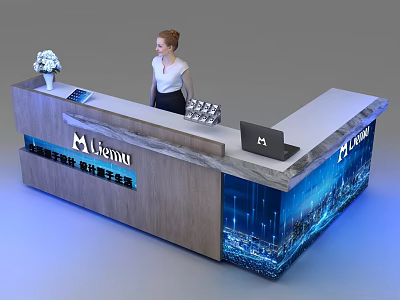 Modern Reception Desk with Liscon Logo Laptop Flower Vase And City Night View Design 3d model