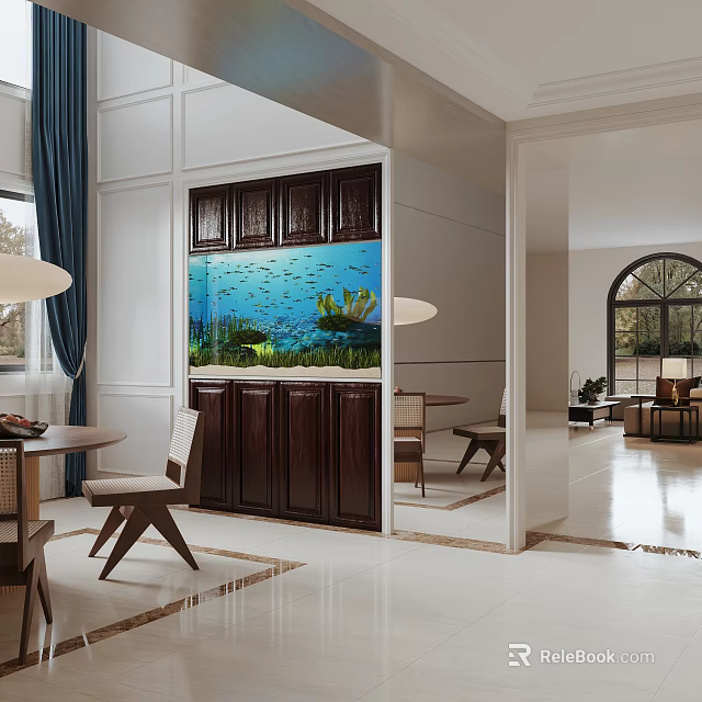 Large Built-in Aquarium with Fish and Aquatic Plants in Dark Wooden Cabinet Indoor Living Space 3d model 