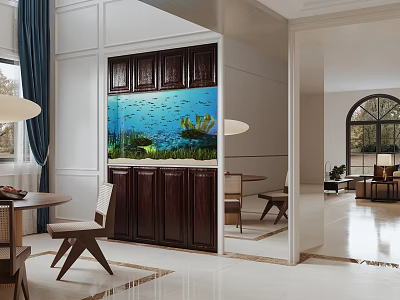 Large Built-in Aquarium with Fish and Aquatic Plants in Dark Wooden Cabinet Indoor Living Space 3d model