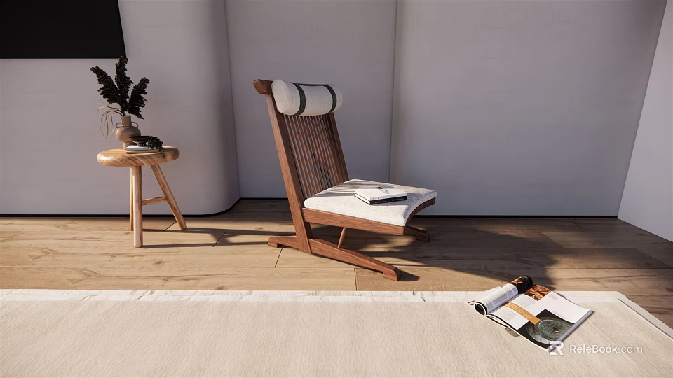 Modern Leisure Chair With Wooden Frame White Cushion In Interior With Side Table Plant Magazine 3d model 