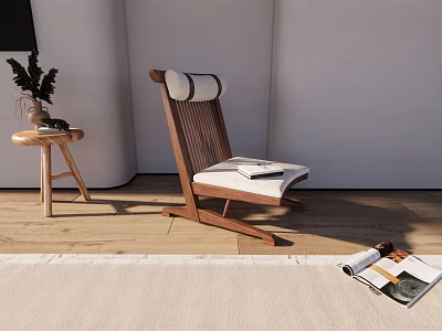 Modern Leisure Chair With Wooden Frame White Cushion In Interior With Side Table Plant Magazine 3d model