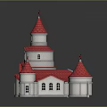 Fairy Tale Style Castle With Red Roof Spires And Flags On Gray Background