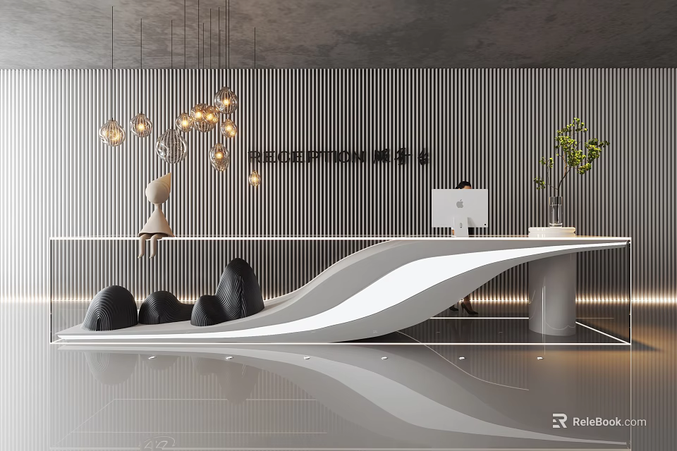 Modern Reception Desk With Wavy White Counter Vertical Striped Wall Pendant Lights And Green Plant 3d model 