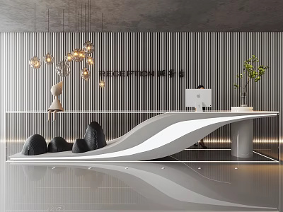 Modern Reception Desk With Wavy White Counter Vertical Striped Wall Pendant Lights And Green Plant 3d model