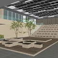 Spacious Indoor Hall With Glass Roof Staircase Green Plants And Benches