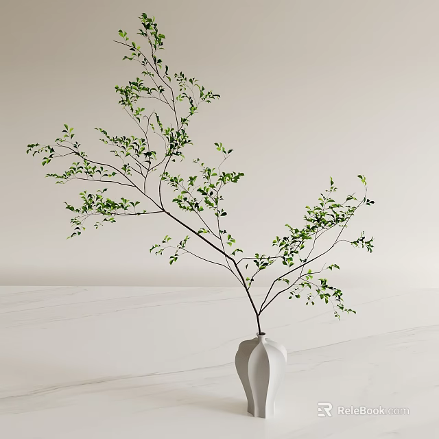White Ceramic Vase With Green Leafy Branches On Light Background White Tabletop 3d model