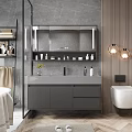 Modern Gray Bathroom Vanity Cabinet With LED Mirror And Toiletries On Storage Countertop