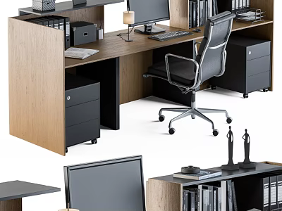 Modern Office Desk With Wooden Top Computer Monitor Black Cabinets Stacked Files And Ergonomic Chair 3d model