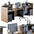Modern Office Desk With Wooden Top Computer Monitor Black Cabinets Stacked Files And Ergonomic Chair