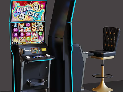 Slot Machine With Circus Time Theme Display And Black Chair For Entertainment Area 3d model