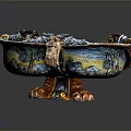 Ornate Sculptural Carving Bowl With Colorful Glaze Intricate Relief Designs And Dragon Handles