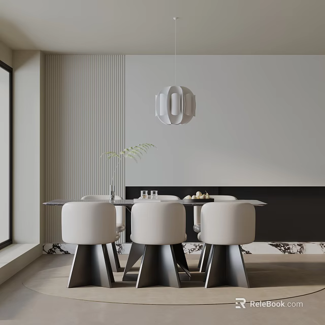 Modern Dining Table Set With White Dining Chairs Hanging Pendant Light Striped Wall And Window 3d model 